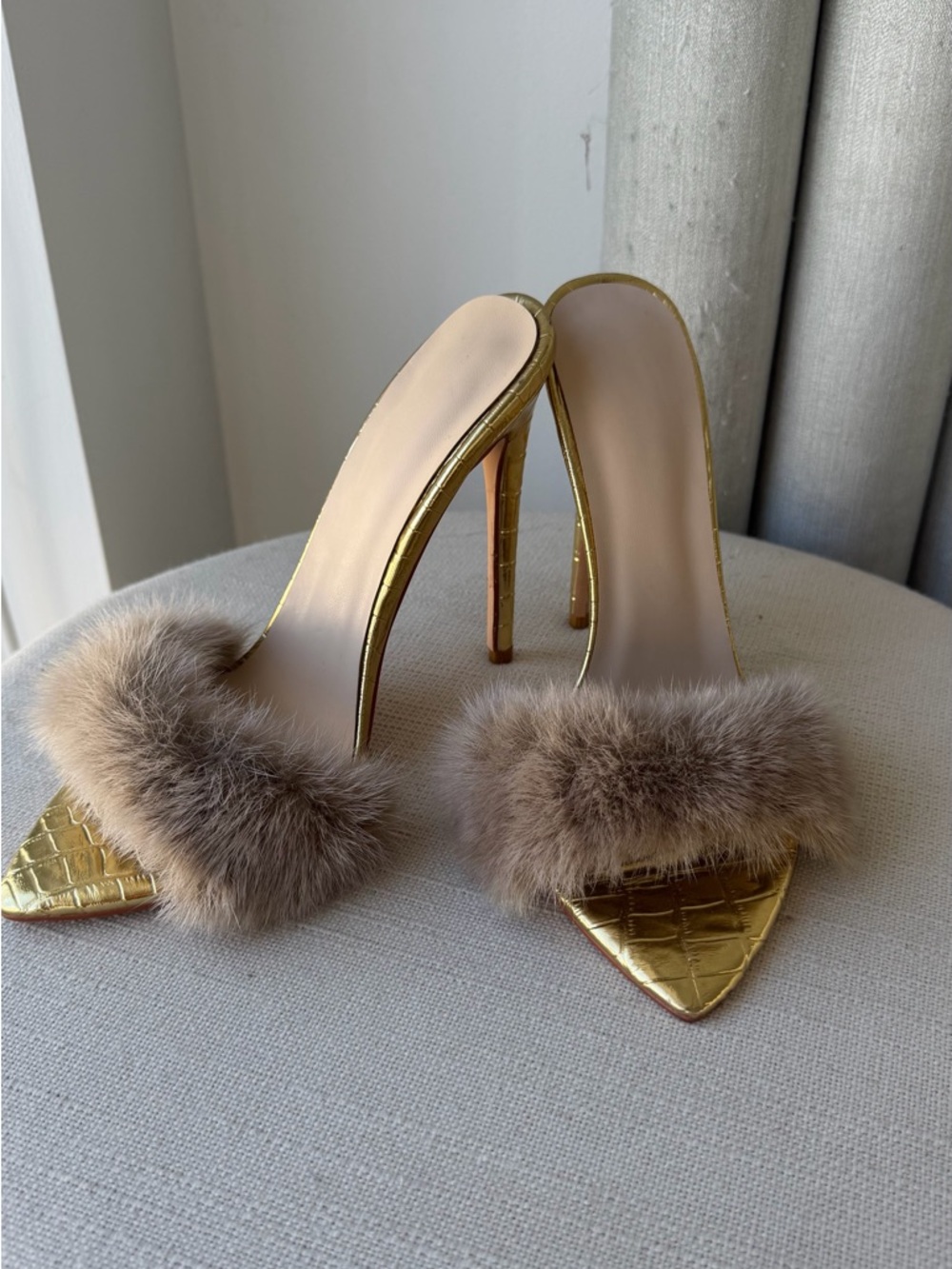 Gold Stiletto Mule with Taupe Fur Trim - Women's Luxury Slide